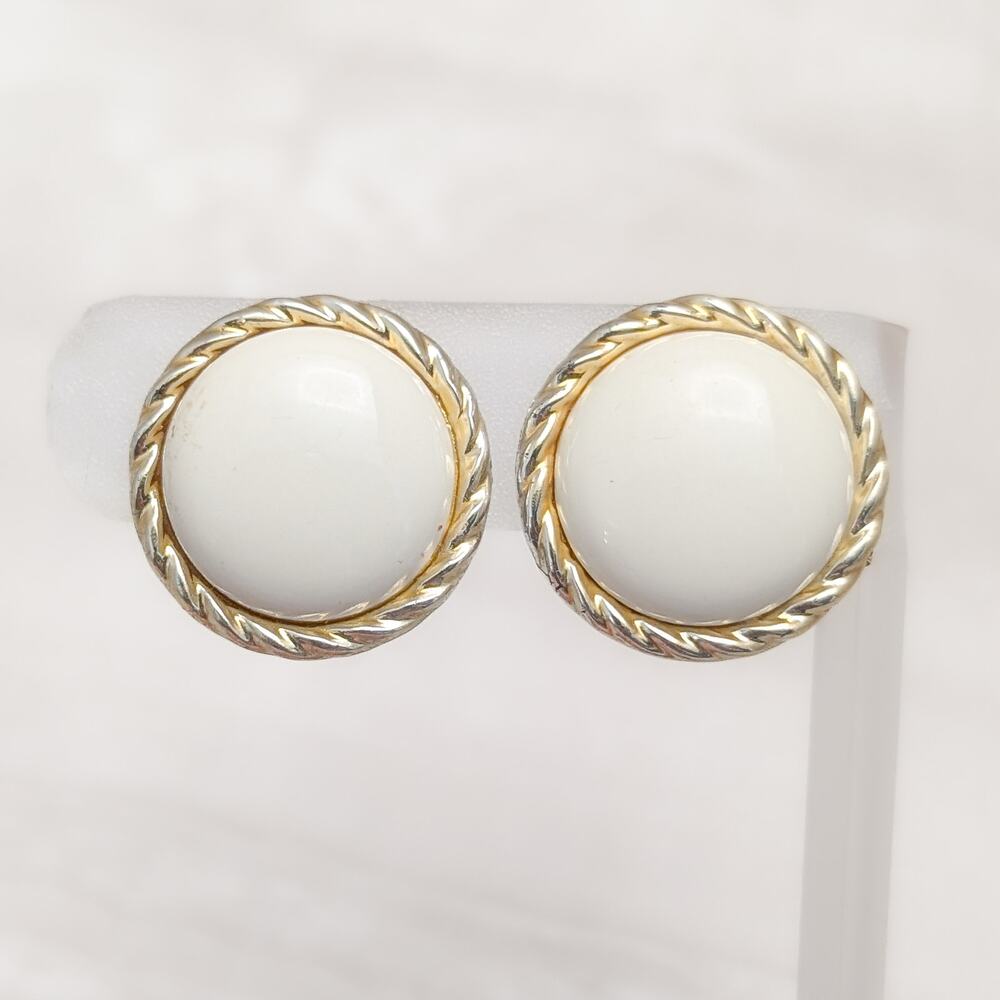 Vintage Clip On Earrings Domed Off White with Twisted Gold Tone Halo Large